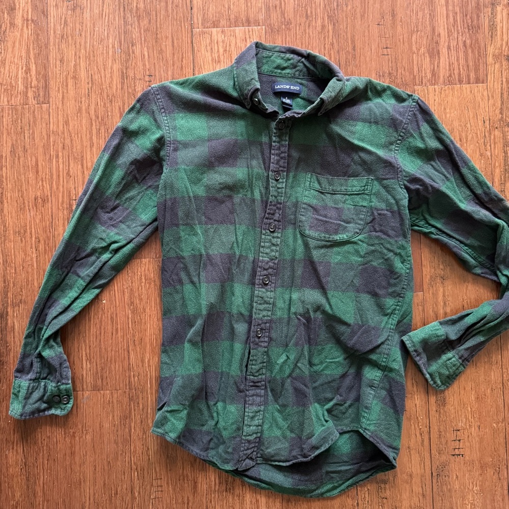 Lands' End Green and Navy Blue Plaid Men's Shirt